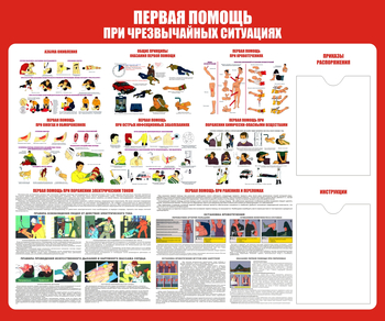 С19 Стенд первая помощь (при чрезвычайных ситуациях) (1200х1000 мм, карманы, пластик ПВХ 3 мм, алюминиевый багет золотого цвета) - Стенды - Стенды по первой медицинской помощи - . Магазин Znakstend.ru